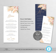 Load image into Gallery viewer, Pampas grass Wedding Menu Template, Boho Dried Grass Printable Dinner Menu Card, Tropical Bridal Shower Menu Fully Editable Download DIY 017