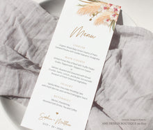 Load image into Gallery viewer, Pampas grass Wedding Menu Template, Boho Dried Grass Printable Dinner Menu Card, Tropical Bridal Shower Menu Fully Editable Download DIY 017