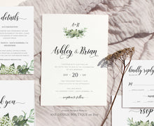 Load image into Gallery viewer, Greenery Monogram Wedding Invitation Set Template, Eucalyptus, Baby's Breath, Rustic Country Barn Boho, 100% Editable Printable Download 018
