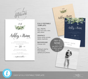 Greenery Monogram Wedding Invitation Set Template, Eucalyptus, Baby's Breath, Rustic Country Barn Boho, 100% Editable Printable Download 018