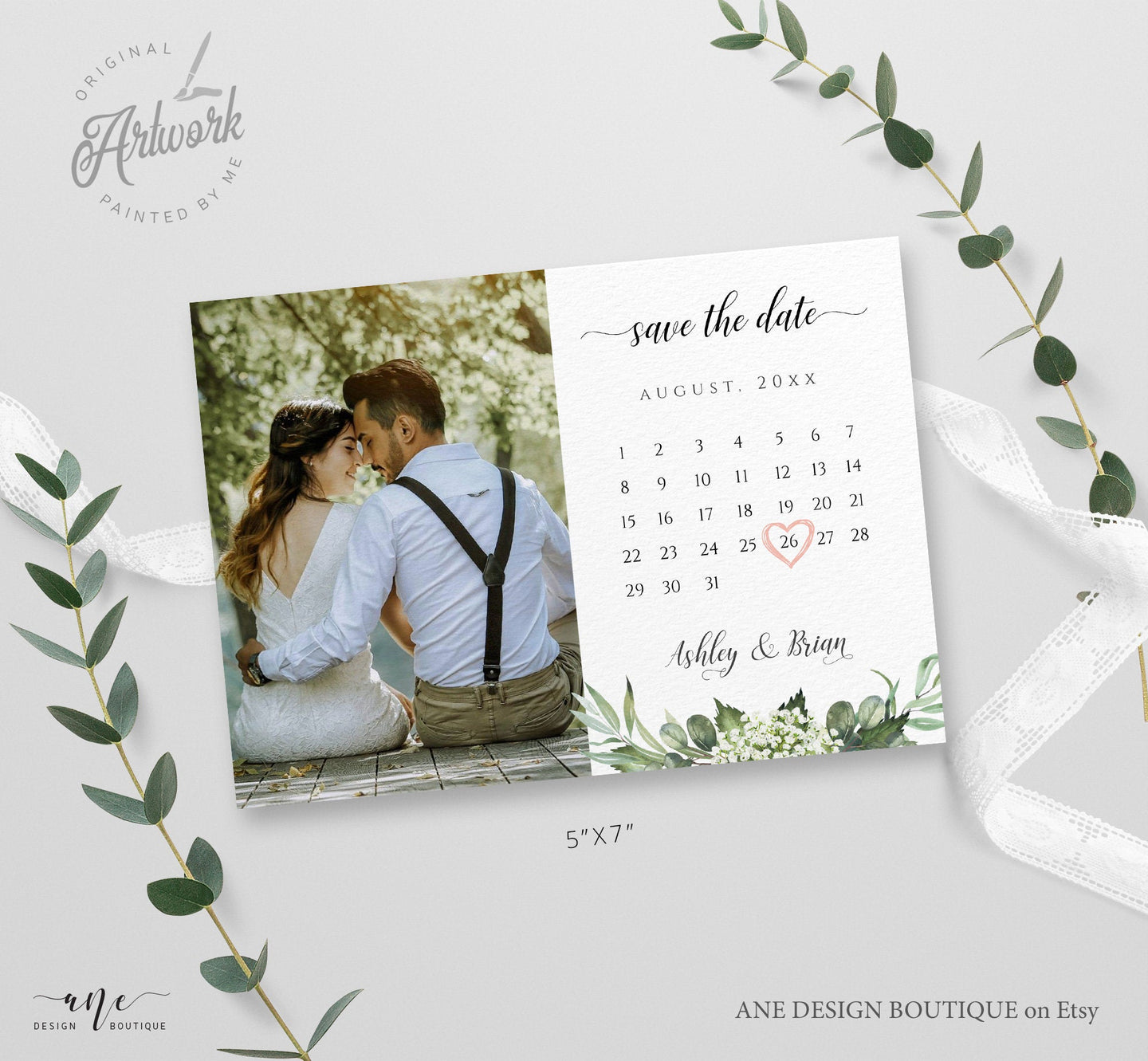 Rustic Greenery Calendar Save The Date Template, Eucalyptus Country Barn Printable Wedding Date Announcement Card, Editable DIY Download 018