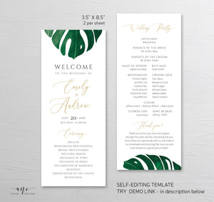 Tropical Monstera Wedding Program Template, Printable Order of Service, Destination Beach Wedding, Monstera Leaf, 100% Editable Download 003