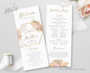 Pampas Grass Floral Printable Wedding Program Template, Editable Order of Service, Boho Wooden Arch, Dried Grass Palm Mauve Blush Roses, 017