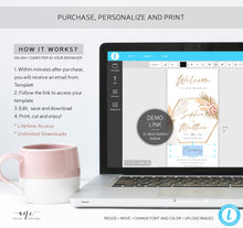 Load image into Gallery viewer, Pampas Grass Floral Printable Wedding Program Template, Editable Order of Service, Boho Wooden Arch, Dried Grass Palm Mauve Blush Roses, 017