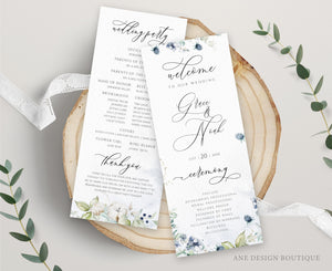 Dusty Blue Wedding Stationery BUNDLE Template, Pastel Boho Invitation Set, Periwinkle Wildflowers Printable Wedding Signs DIY, Editable 026