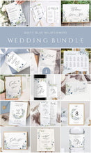 Load image into Gallery viewer, Dusty Blue Wedding Stationery BUNDLE Template, Pastel Boho Invitation Set, Periwinkle Wildflowers Printable Wedding Signs DIY, Editable 026