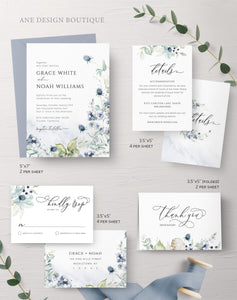 Dusty Blue Wedding Stationery BUNDLE Template, Pastel Boho Invitation Set, Periwinkle Wildflowers Printable Wedding Signs DIY, Editable 026