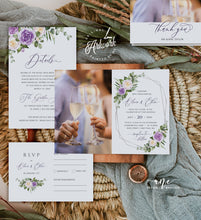 Load image into Gallery viewer, Floral Purple Wedding BUNDLE Template, Very Peri Color of 2022, Printable Lavender Wedding Invitation Suite, Editable Wedding Signage 034