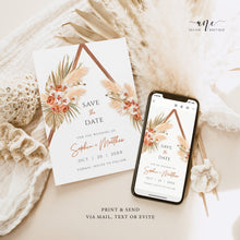 Load image into Gallery viewer, Terracotta Boho Arch Pampas Grass Save The Date Template, Tropical Bohemian Dried Palm Leaf Wedding Date Announcement Card, Printable 017b