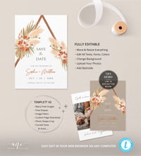 Load image into Gallery viewer, Terracotta Boho Arch Pampas Grass Save The Date Template, Tropical Bohemian Dried Palm Leaf Wedding Date Announcement Card, Printable 017b