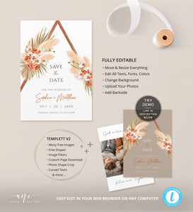 Terracotta Boho Arch Pampas Grass Save The Date Template, Tropical Bohemian Dried Palm Leaf Wedding Date Announcement Card, Printable 017b