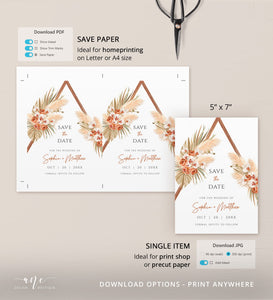 Terracotta Boho Arch Pampas Grass Save The Date Template, Tropical Bohemian Dried Palm Leaf Wedding Date Announcement Card, Printable 017b