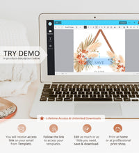 Load image into Gallery viewer, Terracotta Boho Arch Pampas Grass Save The Date Template, Tropical Bohemian Dried Palm Leaf Wedding Date Announcement Card, Printable 017b