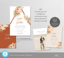Load image into Gallery viewer, Pampas Grass Terracotta Wedding Invitation BUNDLE Template, Dried Palm Beach, Printable Tropical Invitation Set, Editable Wedding Signs 017b