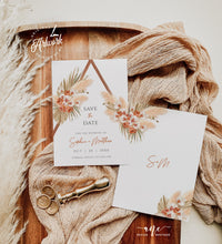 Load image into Gallery viewer, Terracotta Boho Arch Pampas Grass Save The Date Template, Tropical Bohemian Dried Palm Leaf Wedding Date Announcement Card, Printable 017b