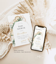 Load image into Gallery viewer, Sage Boho Arch Baby Shower Invitation Set Printable Template, Editable Diaper Raffle, Books Card, Pampas Muted Gender Neutral, Download 035