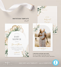 Load image into Gallery viewer, Sage Boho Arch Baby Shower Invitation Set Printable Template, Editable Diaper Raffle, Books Card, Pampas Muted Gender Neutral, Download 035