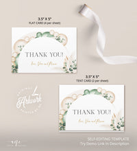 Load image into Gallery viewer, Boho Arched Sage Green Thank You Card Template, Editable Flat Folded Note Card, Wedding Shower Printable, In Lieu of Favor Download DIY 035