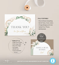 Load image into Gallery viewer, Boho Arched Sage Green Thank You Card Template, Editable Flat Folded Note Card, Wedding Shower Printable, In Lieu of Favor Download DIY 035