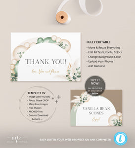Boho Arched Sage Green Thank You Card Template, Editable Flat Folded Note Card, Wedding Shower Printable, In Lieu of Favor Download DIY 035