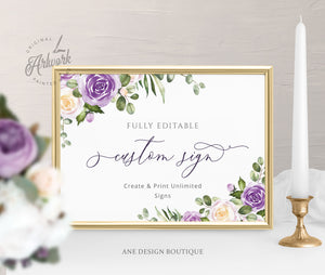 Rustic Floral Wedding Sign Template, Eucalyptus Lavender Purple Roses Editable Table Sign, Printable Custom Wedding Signs, 5x7 8x10, DIY 034