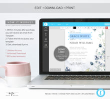 Load image into Gallery viewer, Dusty Blue Wedding Invitation Set Template, Printable Winter Rustic Wildflowers Invite, Pastel Boho Greenery, Editable Instant Download 026
