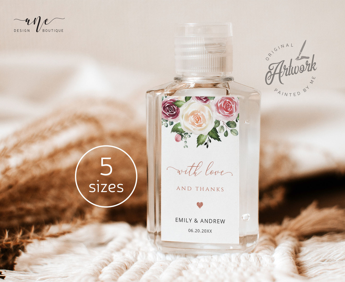Mauve Roses Wedding Hand Sanitizer Label Template, B&BW Purell 1oz 2oz, Personalized Bridal or Baby Shower Favor Sticker, Instant Download 007