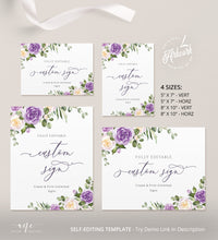 Load image into Gallery viewer, Rustic Floral Wedding Sign Template, Eucalyptus Lavender Purple Roses Editable Table Sign, Printable Custom Wedding Signs, 5x7 8x10, DIY 034
