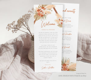 Terracotta Pampas Grass Welcome Letter Itinerary Template, Boho Order of Events Editable Welcome Bag Weekend Schedule Printable Download 017