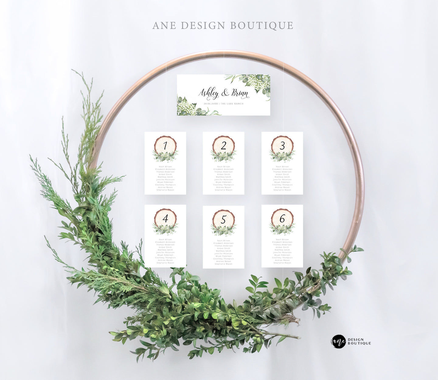 Rustic Wood Slice Seating Chart Template, Table Number Cards, Baby's Breath Greenery, Country Barn Wedding Signs, Editable Printable DIY 018