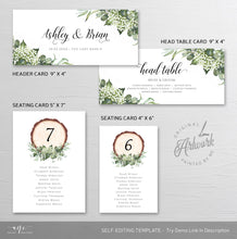 Load image into Gallery viewer, Rustic Wood Slice Seating Chart Template, Table Number Cards, Baby&#39;s Breath Greenery, Country Barn Wedding Signs, Editable Printable DIY 018
