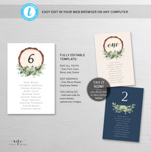 Load image into Gallery viewer, Rustic Wood Slice Seating Chart Template, Table Number Cards, Baby&#39;s Breath Greenery, Country Barn Wedding Signs, Editable Printable DIY 018
