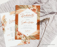Load image into Gallery viewer, Terracotta Bachelorette Invite Itinerary Editable Template, Boho Pampas Grass Weekend Program, Desert Earthy Palm Printable Download DIY 017
