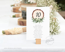 Load image into Gallery viewer, Rustic Wood Slice Seating Chart Template, Table Number Cards, Baby&#39;s Breath Greenery, Country Barn Wedding Signs, Editable Printable DIY 018
