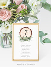 Load image into Gallery viewer, Rustic Wood Slice Seating Chart Template, Table Number Cards, Baby&#39;s Breath Greenery, Country Barn Wedding Signs, Editable Printable DIY 018
