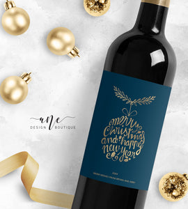 Printable Christmas Wine Label Template - Editable PDF - Personalized Christmas Wine Bottle Labels / Navy Blue - Christmas Card Alternative