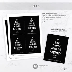 Holiday Christmas Wine Label - Editable PDF Template - Personalized Christmas Wine Bottle Labels / Edit All Text - Eat Drink And Be Merry