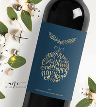Load image into Gallery viewer, Printable Christmas Wine Label Template - Editable PDF - Personalized Christmas Wine Bottle Labels / Navy Blue - Christmas Card Alternative
