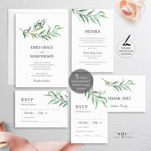 Greenery Wedding Invitation Set Template, Leaf Original Watercolor Artwork, Boho Wedding Invitation, 100% Editable, Printable Download 001
