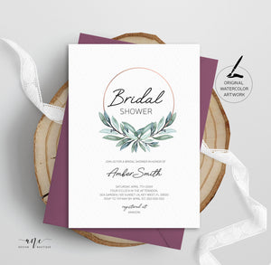 Leafy Hoop Bridal Shower Invitation Template, Greenery Wedding Shower, Original Watercolor Artwork, Templett 100% Editable, Printable, 004
