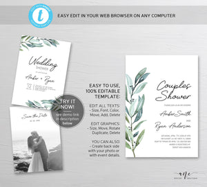 Greenery Couples Shower Invitation Template, Simple Wedding Shower, Eucalyptus Spring Watercolor Art, Templett 100% Editable, Printable #004