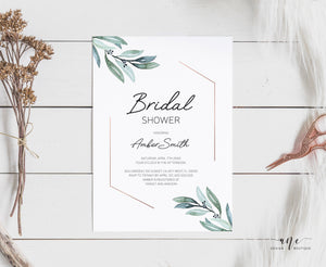 Geometrical Greenery Bridal Shower Invitation Template, Boho Wedding Shower Eucalyptus, 100% Editable, Printable, DIY, Instant Download 004