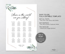 Load image into Gallery viewer, Geometric Eucalyptus Seating Chart Template, Where in the world, Greenery Wedding Signs, Watercolor Artwork, 100% Editable, Printable, 004
