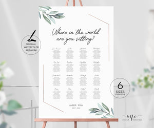 Geometric Eucalyptus Seating Chart Template, Where in the world, Greenery Wedding Signs, Watercolor Artwork, 100% Editable, Printable, 004