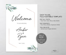 Load image into Gallery viewer, Eucalyptus Wedding Welcome Sign Template, Geometric Rose Gold, Greenery Wedding Signs, Original Watercolor Art, 100% Editable Printable, 004
