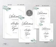 Load image into Gallery viewer, Eucalyptus Wedding Welcome Sign Template, Geometric Rose Gold, Greenery Wedding Signs, Original Watercolor Art, 100% Editable Printable, 004

