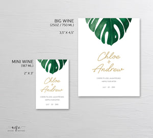 Tropical Wedding Wine Label Template, Monstera Palm Leaf Watercolor, Beach Wedding Bridal Shower, Templett Editable, Printable, Download 003