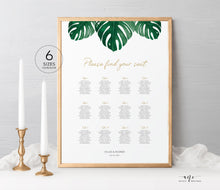 Load image into Gallery viewer, Tropical Monstera Seating Chart Template, Greenery Wedding Bridal Signs Table Plan, Tropical Decoration, 100% Editable, US UK, Printable 003
