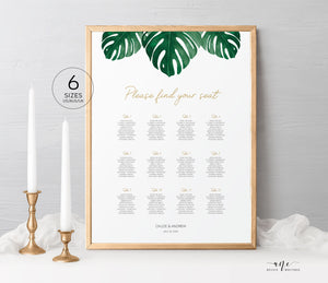 Tropical Monstera Seating Chart Template, Greenery Wedding Bridal Signs Table Plan, Tropical Decoration, 100% Editable, US UK, Printable 003