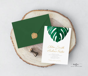 Tropical Wedding Invitation Suite Template, Monstera Palm Leaf Watercolor, Beach Wedding Invite, 100% Editable, Printable, Download 003